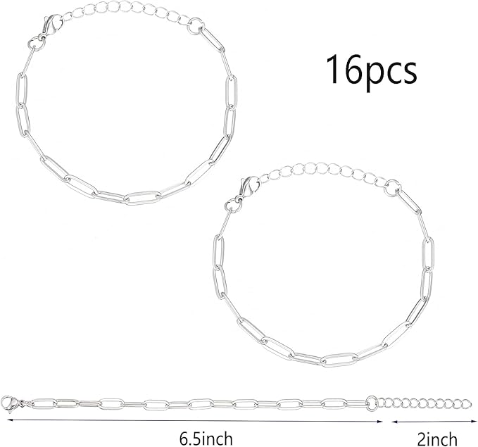 16 Pack Charm Bracelet Chain Bulk Gold Plated Stainless Steel Paperclip Chains Bracelets for DIY Jewelry Making