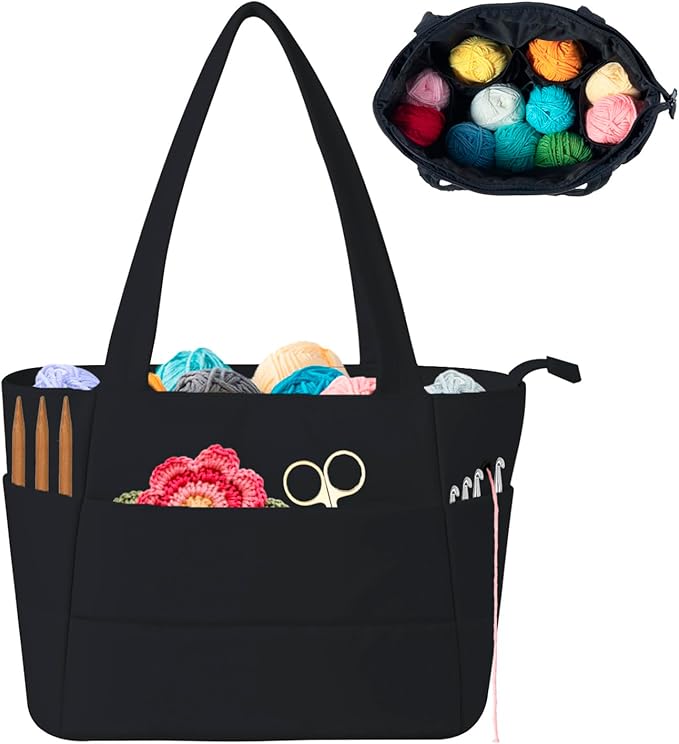 Crochet Bag for Yarn Storage, Puffer Knitting Bag with Soft Handles, Lightweight Yarn Storage Organizer with Zipper for Crochet Accessories, Gifts for Crocheters (Black)