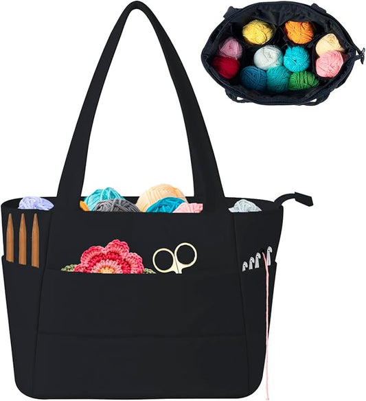 Crochet Bag for Yarn Storage, Puffer Knitting Bag with Soft Handles, Lightweight Yarn Storage Organizer with Zipper for Crochet Accessories, Gifts for Crocheters (Black)