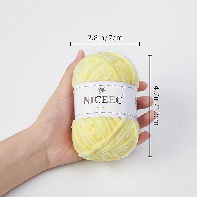 NICEEC 3 Skeins Soft Chenille Yarn Blanket Yarn for Knitting Fancy Yarn for Crochet Weaving DIY Craft Total Length 3×85m (3×93yds, 3×50g)_Light Yellow