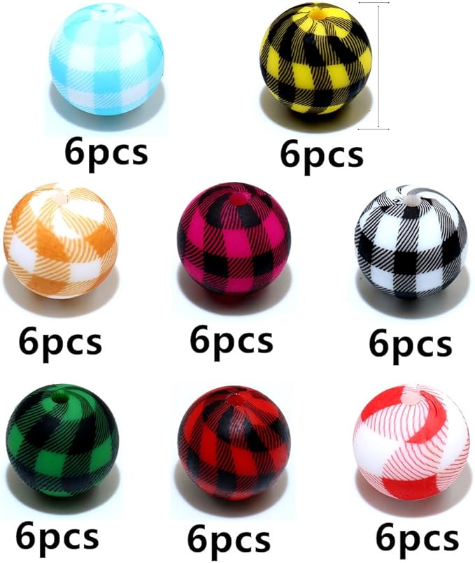 48Pcs 15mm Plaid Silicone Beads Bulk Flower Focal Silicone Beads for Keychain Making Necklace Jewelry DIY Bracelet Making Kit