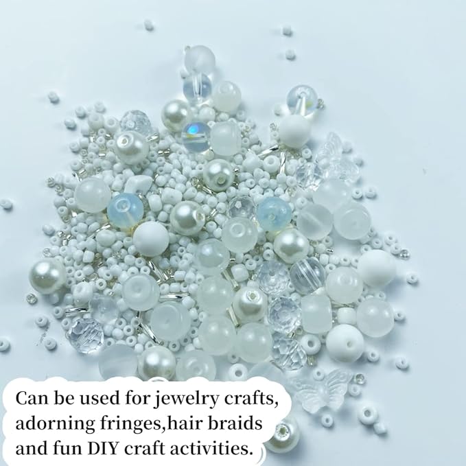 Assorted Glass Resin Beads Multi Size Colors Smooth Cracked Gravel Millet Spacer Beads for Bracelets Necklace Earring DIY Jewelry Making Craft (White Series)