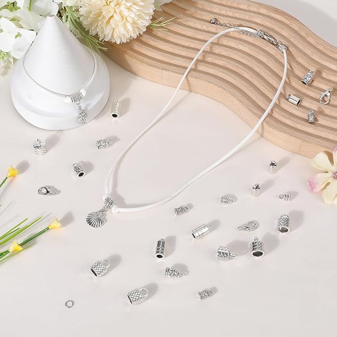 SUNNYCLUE 1 Box 230pcs Leather Cord Ends Kumihimo Cord Ends Alloy Vintage Antique Silver Glue in Crimp End Caps with Lobster Clasps Jump Rings for Jewelry Making Kit Bracelet Accessories Craftings