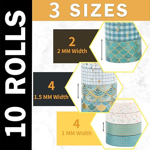 CCINEE 10 Rolls Washi Tape Set,Gold Foil Decorative Masking Tapes for Bullet Journal Planner Scrapbooking Craft Supply