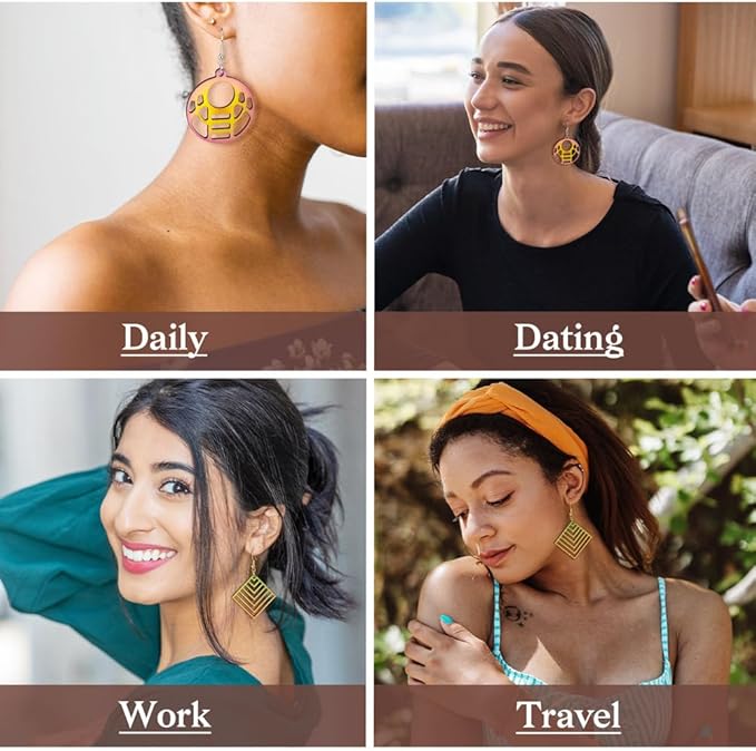 Boho Wooden Earring Making Kit 12 Styles Unfinished Natural Wood Filigree Pendants Round Rhombus Tree Arrow Kite Earring Charms with Ear Wire Jump Rings for DIY Jewelry Making