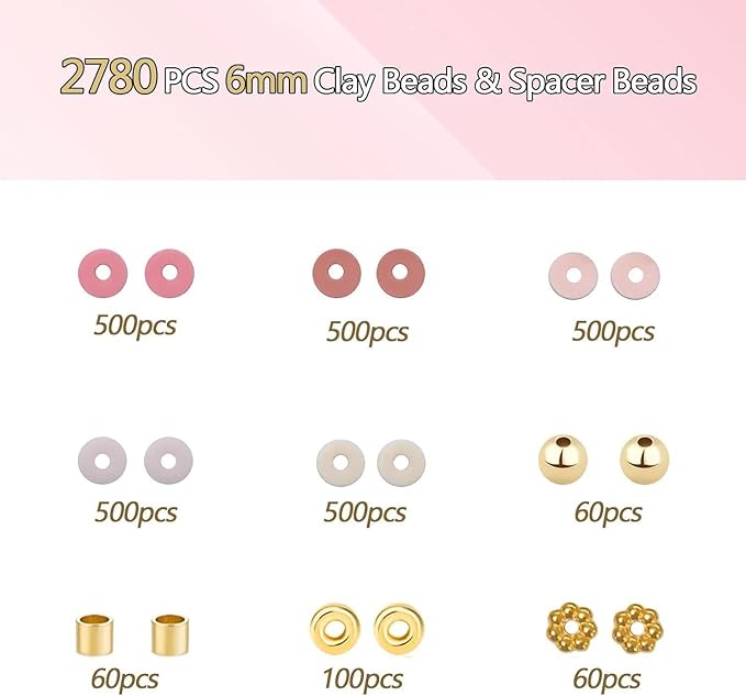 Believo Polymer Clay Beads Kit for DIY Jewelry with Elastic Cord, Colorful Flat Heishi Beads and Spacer Pieces – Ideal for Friendship Bracelet & Necklace Making (Pink)