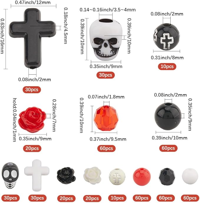 SUNNYCLUE 500Pcs Skull Bead Kit Stone Skull Beads Black Red White Rose Flower Gothic Cross Charm Crosses Charms Halloween Loose Spacers for Jewelry Making Bracelets Necklace Adult Women Gift Supplies