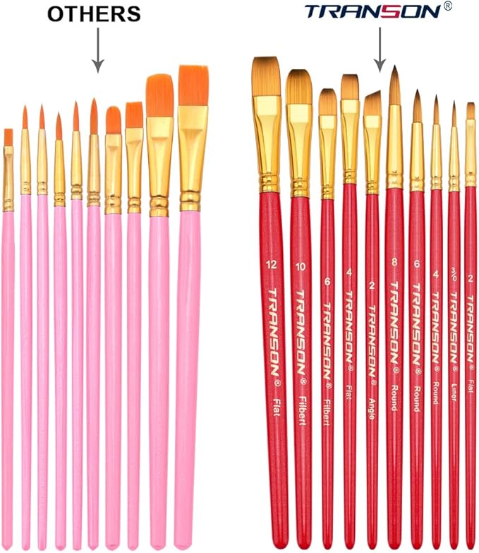 Transon 20pcs Artist Painting Brush Set for Acrylic Watercolor Gouache Hobby Craft Face Rock Painting White and Red