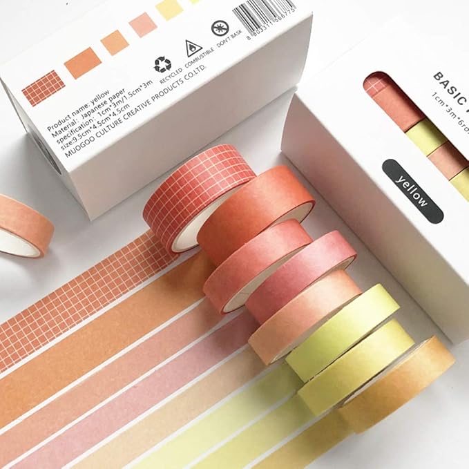 ZDOLAKIDS 8 Rolls Washi Tape Set Basic Solid Color Yellow Orange Adhesive Decoration Label for Scrapbooking Planner Journal Art Craft Album Diary Book Gift DIY Supplies