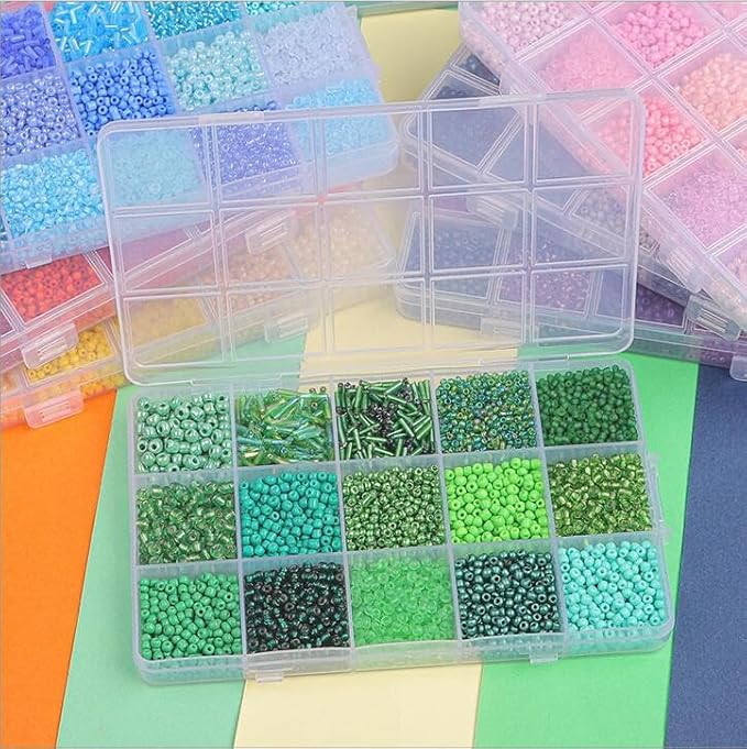 Mix 15 Color Glass Seed Tube Beads Glass Bugle Beads Loose Kit for Jewelry Making DIY Craft Beading (Mix 15 Color, Green)