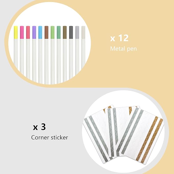 Vienrose Scrapbooking Supplies Kit, Aesthetic Scrapbook Accessories with 12 Metal Pens and 3 Corner Stickers, Art Journaling Supplies for Scrapbook Photo Album, Planner, Bullet Journaling