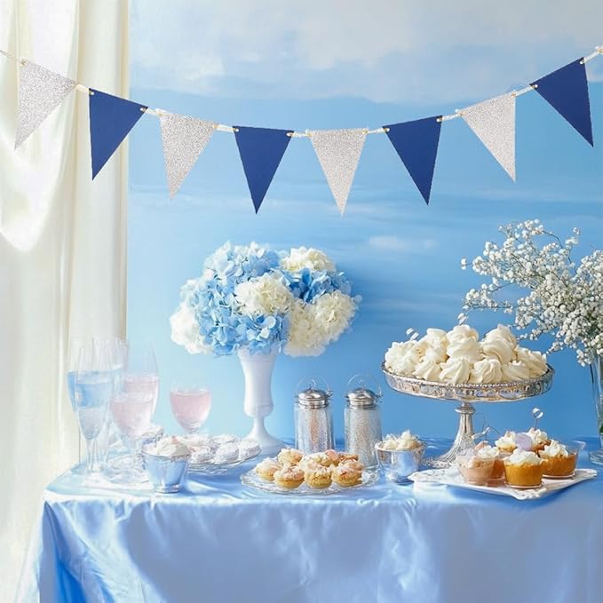 MOWO Silver Blue Pennant Banner Paper Bunting Hanging Decoration for Birthday Graduation Retirement New Year's Party, Pack of 30 Counts Pennant, 20 feet