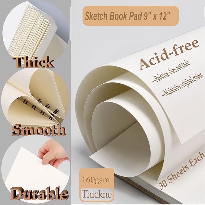 Sketch Book Pad, Drawing Paper 9" x 12" Spiral Bound (98lb/160gsm), 90 Sheets, Pack of 3, Durable Acid Free Sketchbook for Painting (3 Pack- 9"X12")