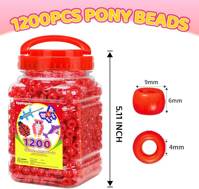 eppingwin 1200pcs pony beads for bracelets,6x9mm kandi beads for hair braids, easy storage pony bead for jewelry making (red)
