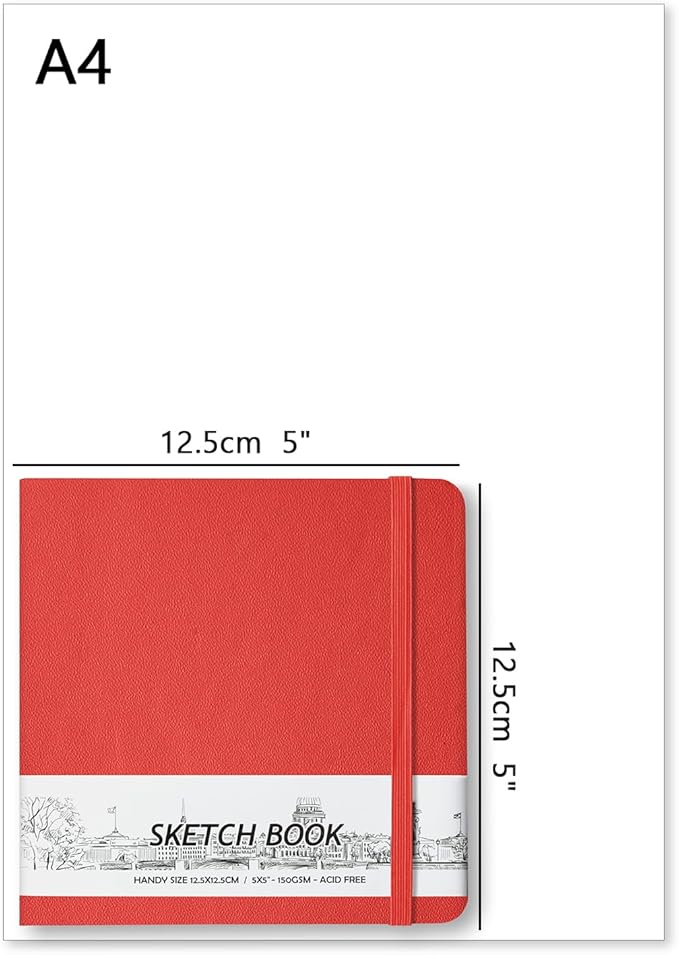 qianshan 5" x 5" Hardcover Sketch Book,Small Mixed Media Sketch Pad,58 Sheets 150GSM Acid-Free Artist Drawing Paper,Travel Journal Blank Notebook for Adults Painting,Illustration,Art Supplies.Red