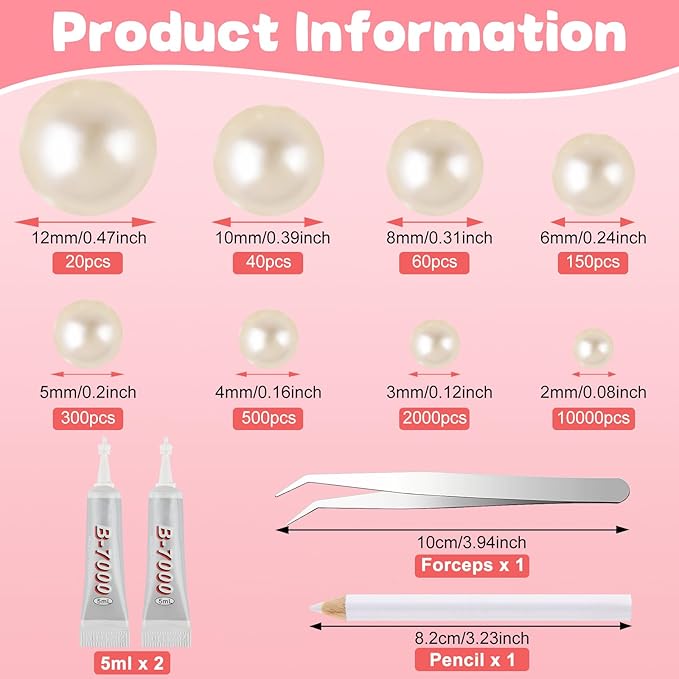NEBURORA 13000 Pcs Ivory White Flat Back Pearl Kit 8 Sizes with Tweezer and Picker Pencil Beige Half Round Flatback Pearls Beads for DIY Crafts Nails Makeup Clothes