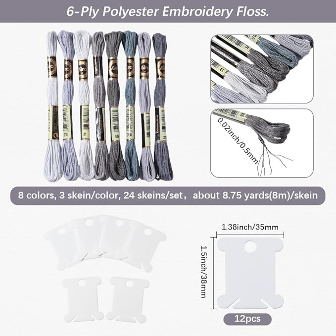 24 Skeins 6 Strands Grey Embroidery Thread Floss Variegated Gradient Friendship Bracelets String Cross Stitch Threads Bulk with 12 Floss Bobbins for Bracelet Making Sewing Knitting Craft Diy