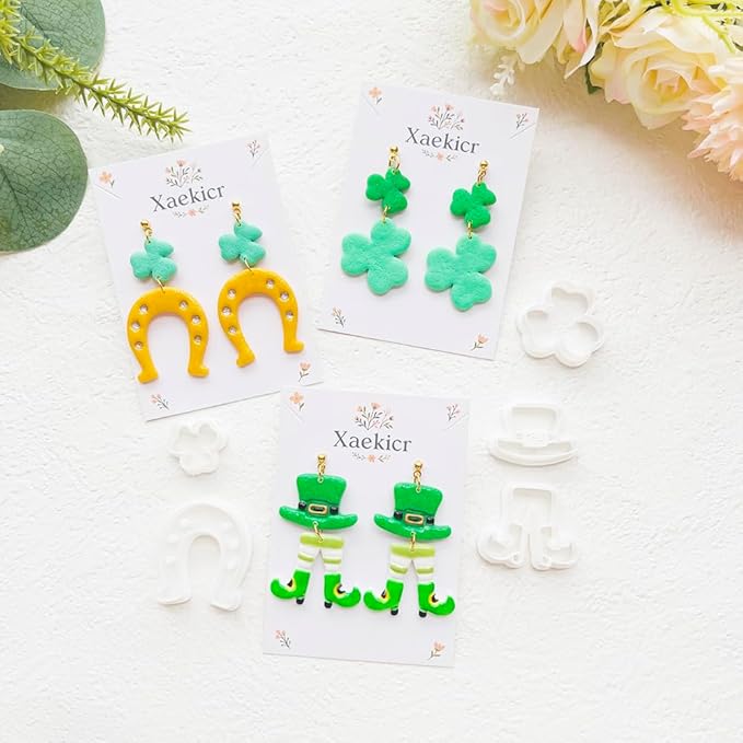 St. Patrick's Day Polymer Clay Cutters Set - 12pcs Lucky Shamrock Leprechaun Shapes for DIY Earring Jewelry Making, Soft Clay Crafts & Holiday Supplies