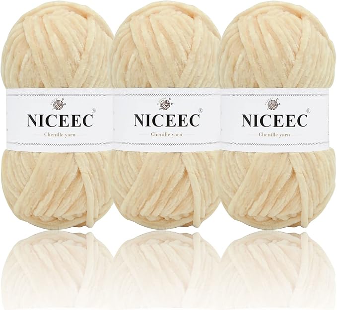 NICEEC 3 Skeins Soft Chenille Yarn Blanket Yarn for Knitting Fancy Yarn for Crochet Weaving DIY Craft Total Length 3×85m (3×93yds, 3×50g)_Khaki