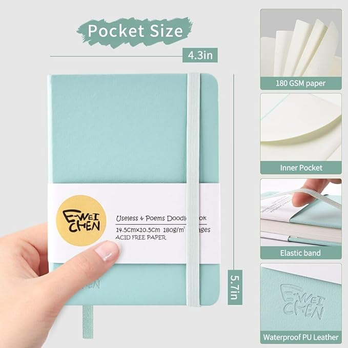 Small Blank Notebook, 96Pages, Hardcover Sketch Book for Drawing, 5.7x4.1 Pocket Journal Notebook for Travel, 180gsm Thick Paper Diary Notebooks for Work, Leather Cover Memo for Writing. Light Green