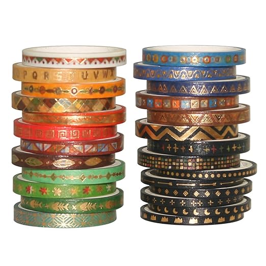 YUBBAEX 26 Rolls Indian Washi Tape Set, 5MM Wide Folk Totem Foil Gold Thin Decorative Masking Washi Tapes for Journal,Scrapbook, Planner, DIY Crafts