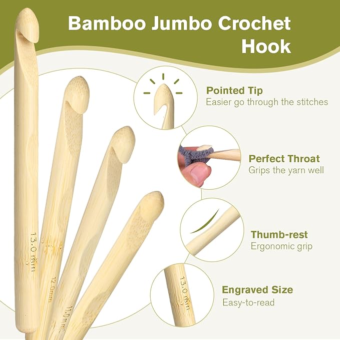 YOJOB Large Crochet Hooks, Bamboo Jumbo Crochet Hook for Chunky Yarn, Big Crochet Needles Set of 4 Sizes in 10mm, 11mm, 12mm, 13mm