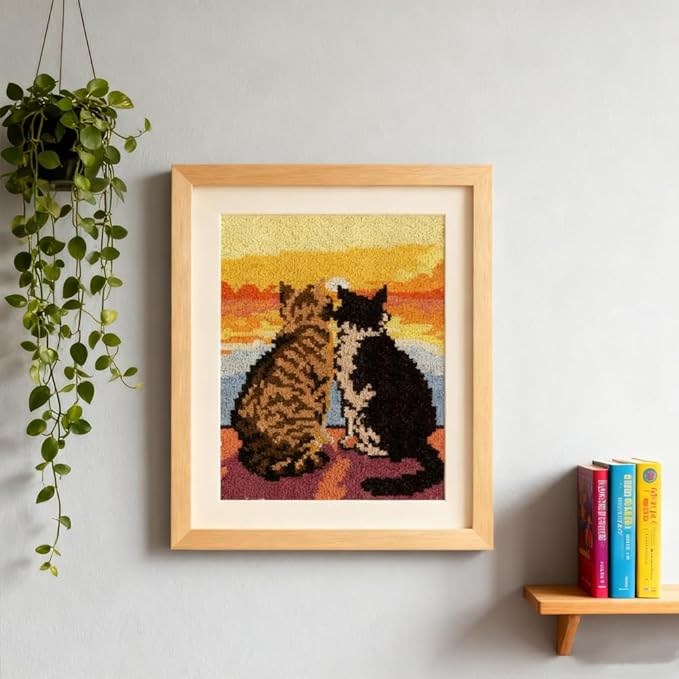 ORIGACH Cat & Sunset Latch Hook Rug Kit for Adults Printed Rug Making Kit Handmade Carpet Tapestry Cover with Hook Latch and Preprinted Canvas, Home Arts Crafts Sofa Decor, 20.5x15inch