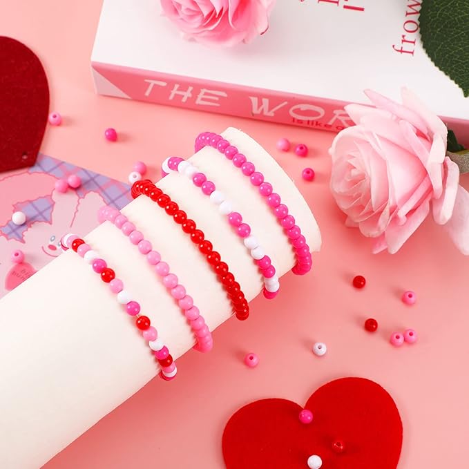 UPINS 1500Pcs Valentines Beads for Making Crafts Pink Rose Red White Beads Plastic Small Valentine Day Spacer Beads Hair Beads for Crafts Supplies