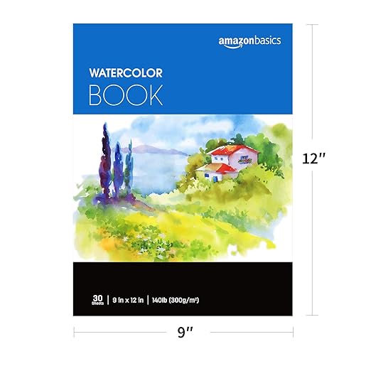 Amazon Basics Watercolor Pad for Beginners, Artists, Adults and Students, Cold Press Textured Surface, 9"x12", 140 lb / 300 gsm, 30 Sheets, White