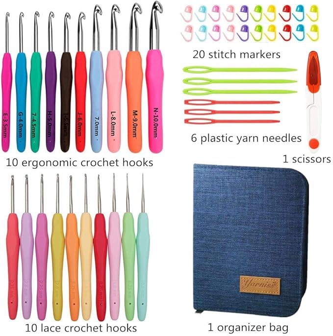 yarniss 20 sizes crochet hooks 0.5mm-10mm, ergonomic crochet hooks set with case for arthritic hands