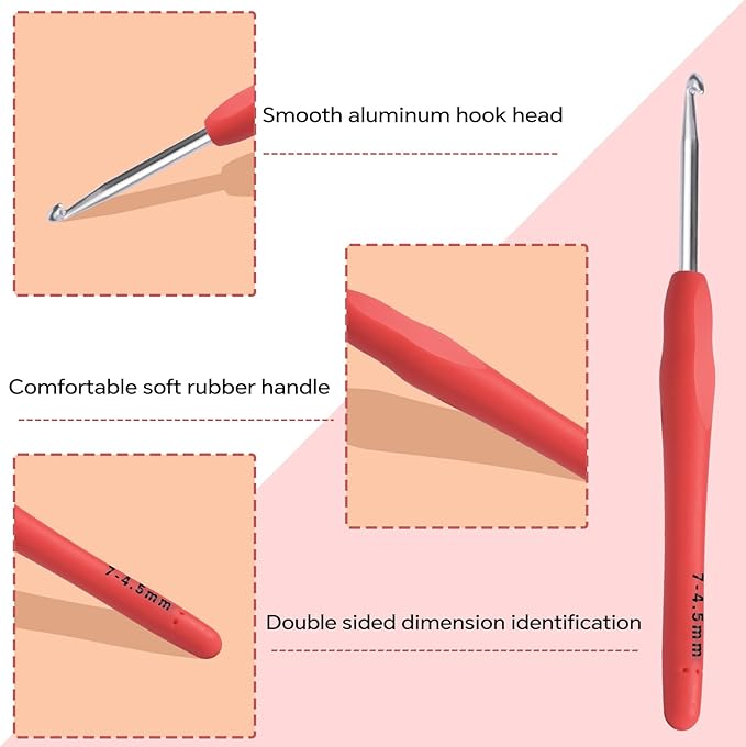4.5mm Crochet Hook, Ergonomic Crochet Hook, Smooth and Extra Long  Knitting Needles, with Soft Rubber Ergonomic Handle and Aluminum Tip, Perfect Beginner and Arthritic Crochet Hooks (4.5 mm)