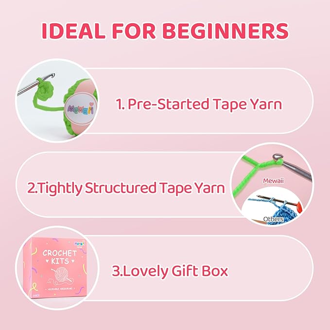Mewaii Crochet Kit for Beginners Level 1 with 40% Extra Eco-Friendly Pre-Started Easy Yarn, Step-by-Step Video Tutorials for Adults and Kids (Green Sea Turtle)