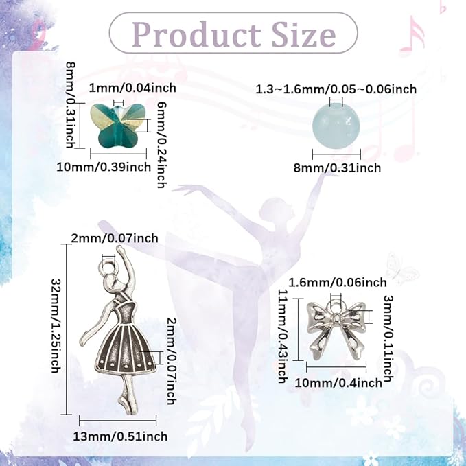 SUNNYCLUE 1 Box 280pcs DIY 6 Sets Glass Bead Bracelet Making Kit Dancer Charms Ballet Dance Bowknots Moon Light Sea Green Electroplate Butterfly Bead With Silver Heart Frame For Jewelry Making Starter