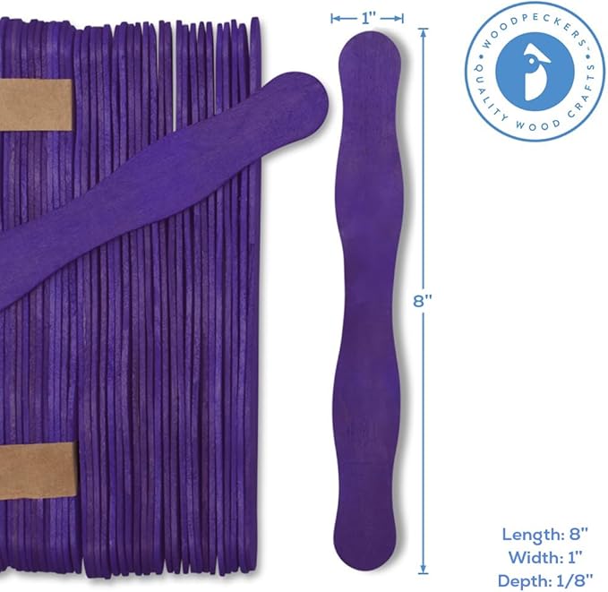 Wooden Purple 8" Fan Handles, Wedding Programs, Paint Mixing, Pack 300, Jumbo Craft Popsicle Sticks for Auction Bid Paddles, Wooden Wavy Flat Stems for Any DIY Crafting Supplies Kit, by Woodpeckers