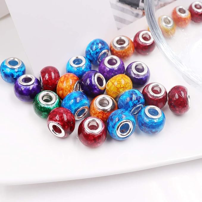 AIPRIDY 100Pcs 15x11mm Painting Murano Large Hole Glass Beads Mix Color with Silver Brass Cores European Charm fit Bracelet Necklace (Explosive Monochrome Effect Glass)