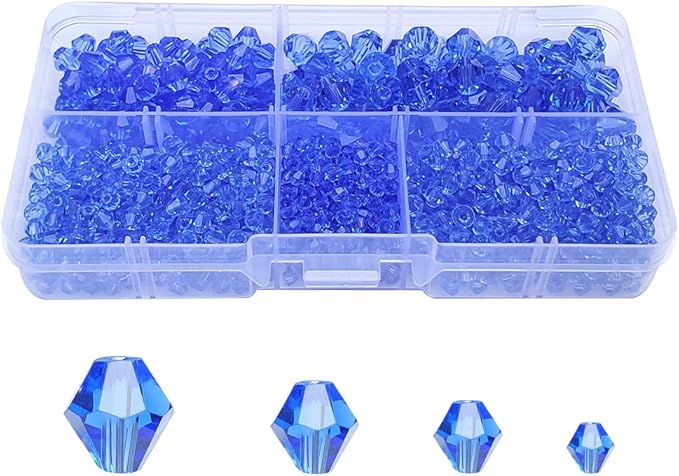 Light Blue Bicone Glass Beads for Jewelry Making, Faceted Crytal Spacer Beads for Bracelet Necklace Earring (3mm 4mm 6mm 8mm Mixed Sizes, 1040pcs)