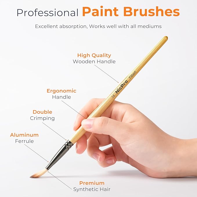 Nicpro 26pcs Paint Brush Set, Professional Paintbrushes with Palette Knife and Cloth Roll, Artist Paint Brushes for Acrylic Painting, Oil, Watercolor & Gouache, Adults Art Painting Tools Supplies