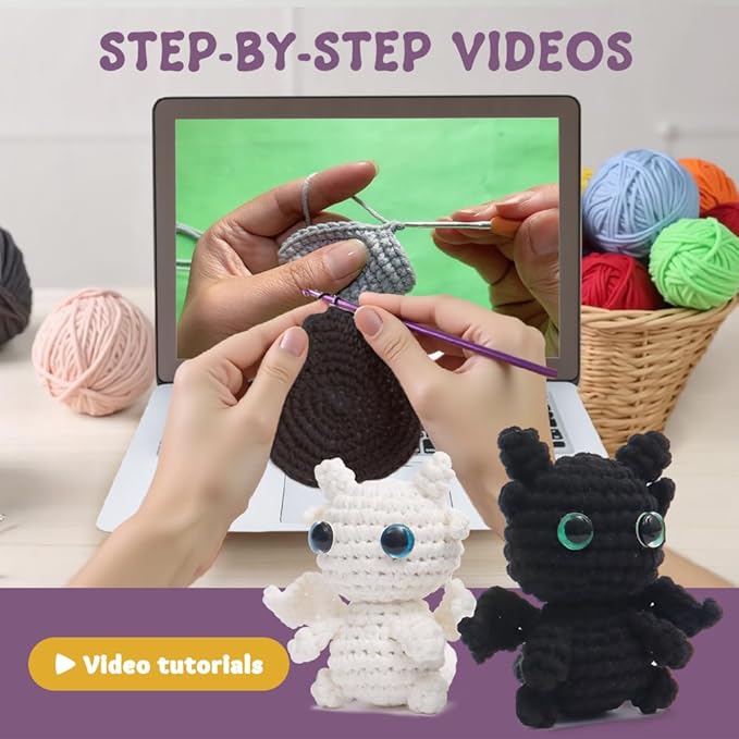 Crochet kit for Beginners, White and Black Toothless Crochet Animals kit, Learn to Crochet Knitting kit, with Step by Step Guide Video, Prefect for Gifts, with tutorials Yarns Hook