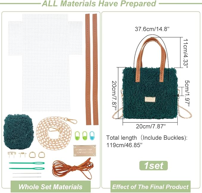 WADORN DIY Knitting Crochet Bag Making Kit, Handmade Woven Tote Bag Making Materials Set Women Shoulder Bag Making Accessories Hand Crafting Yarn Weaving Kit Birthday Christmas Gift, Green