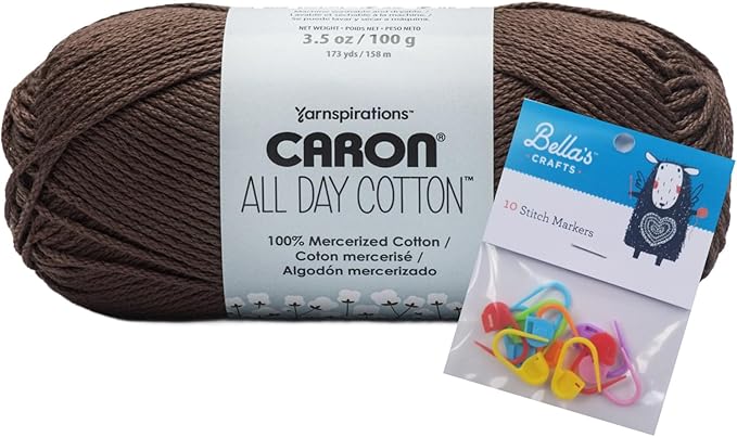 Caron All Day Cotton Yarn - 100g/3.5oz - 100% Mercerized Cotton - 173 Yards Bundle with Bella's Crafts Stitch Markers (Coffee Bean)