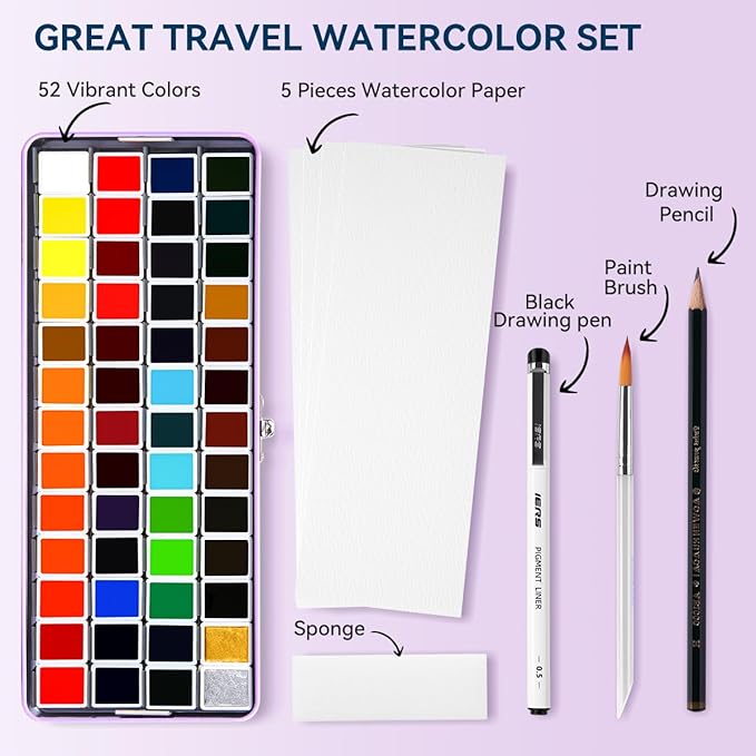 MeiLiang Watercolor Paint Set 52 Colors in Half Pans with Drawing Pencil, Paint Brushes, 5 Watercolor Paper, Sponge, Black Drawing Pens, Art Supplies for Adults Travel Watercolor & Purple Box