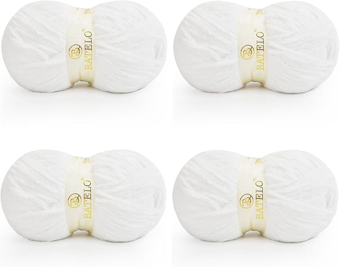 Velvet Chenille Yarn for Crocheting & Knitting 1440 Yards, Soft Thick Fluffy Bulky Blanket Yarn, 4 Pack of 10.5oz (Snow White)