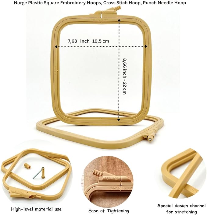 nurge square embroidery hoop - plastic cross stitch frame for needlepoint & embroidery - adjustable craft hoop - beige - no:3 (medium)