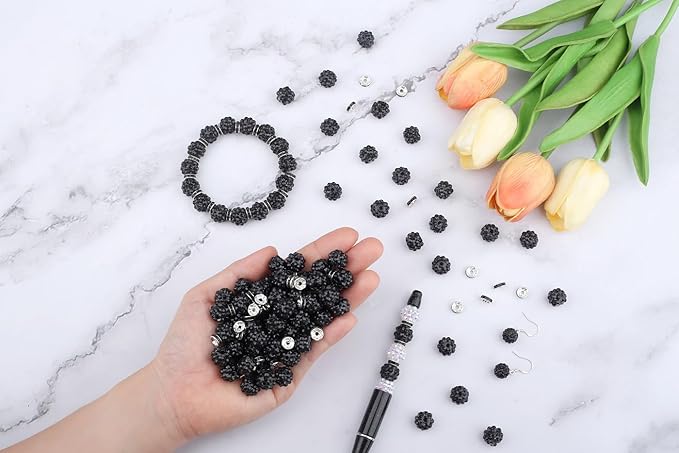 LAIDANLA 250pcs 12mm Black Rhinestone Beads and 8mm Rondelle Spacer Beads for Beadable Pens, Sparkly Shamballa Disco Ball Bead for Bracelets Necklaces Earring DIY Craft