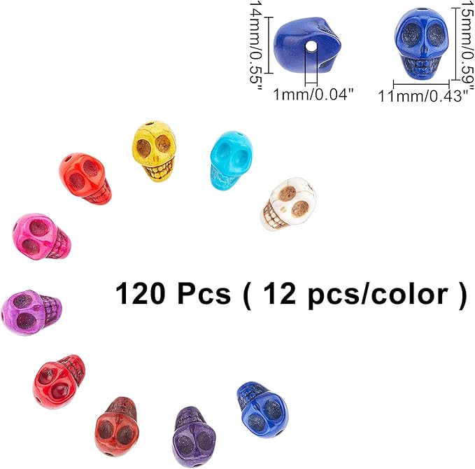 arricraft 120 Pcs 10 Colors Skull Head Beads, Synthesis Turquoise Beads Spacer, Stone Loose Beads for Bracelet Necklace Jewelry DIY Craft Making