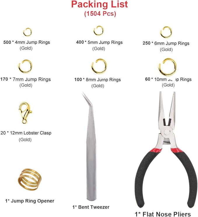 EuTengHao 1504Pcs Gold Open Jump Ring and Lobster Clasps Kit - Jewelry Making Repair Supplies with Pliers and Tweezers