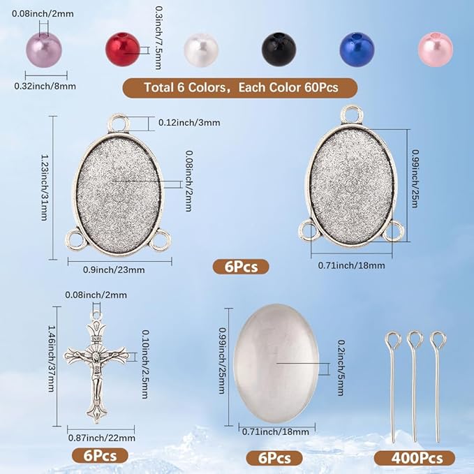 SUNNYCLUE 778Pcs DIY 6 Sets Rosary Making Kits Rosary Crosses Cross Charms Cabochon Bezel Setting with Glass Cabochons Imitation Pearl Beads Crucifix Charms for Women Men Memorial Gifts Supplies