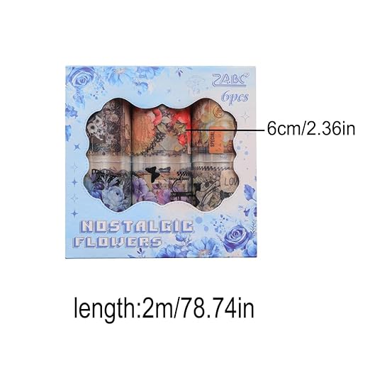 Nostalgic Flowers PET Vintage Floral Washi Tape Set, 6 Rolls Wide Decorative Craft Tape for Journaling Supplies, Scrapbooking, Bullet Journal, Junk Journal, DIY Crafts and Gift Wrapping