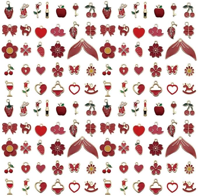 Youdiyla 60pcs Alloy enamel red series fixed set Pendant Jewelry Making DIY Keychain Earrings Pendant Various Design Charms for Jewelry Making Bracelets Necklace (HK551)