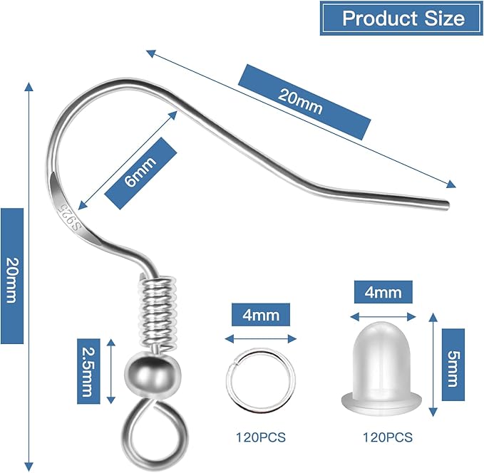 925 sterling silver earring hooks, 600pcs earring making kit 200pcs/100pairs hypoallergenic ear wires with 200pcs silver open jump rings and 200pcs rubber backs earring backs for jewelry making